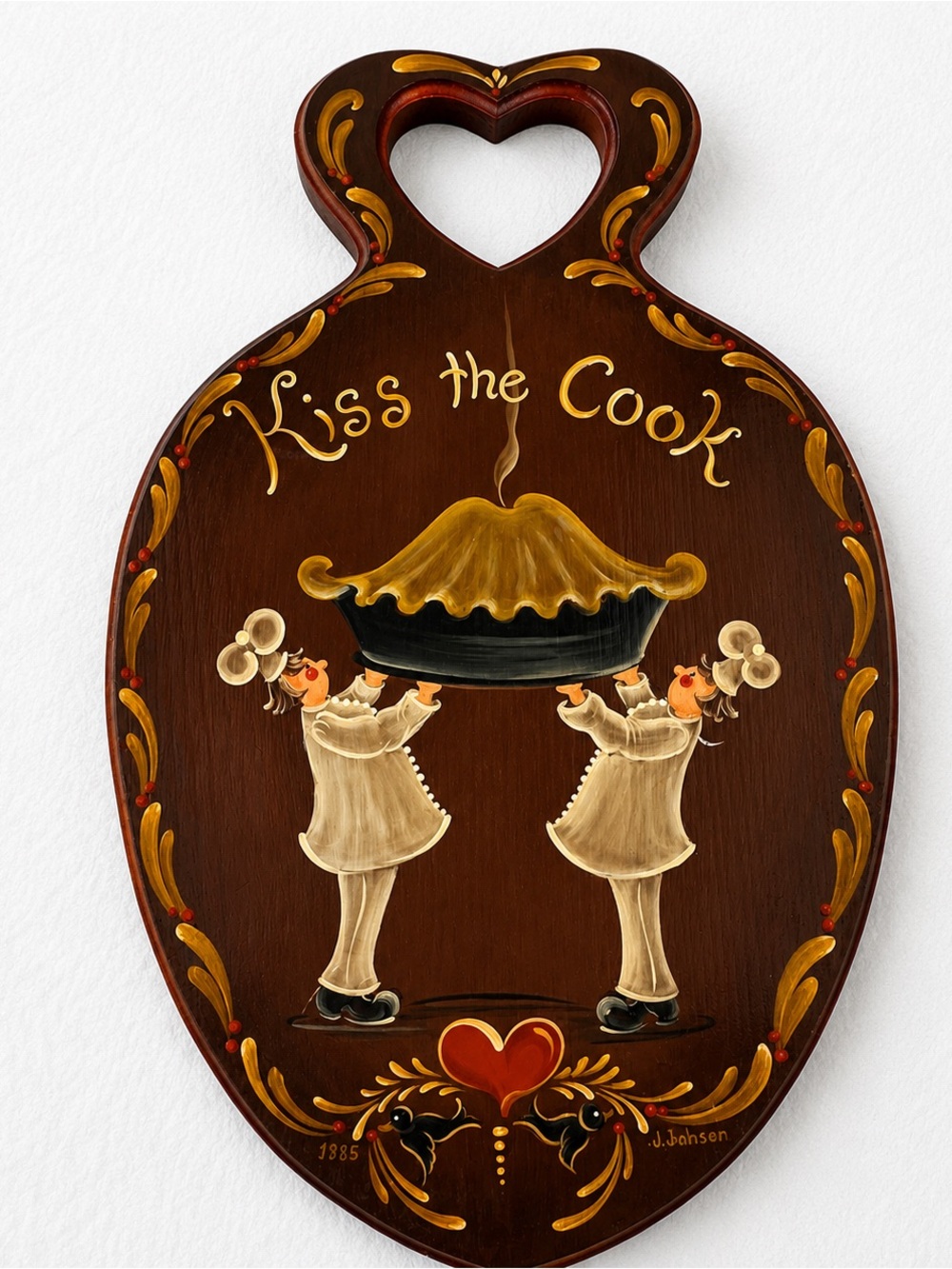 Vintage 1986 Hand Painted Folk Art “Kiss the Cook” Wooden Kitchen Wall Plaque